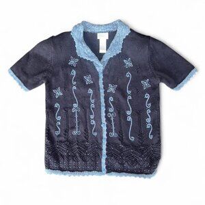 Vintage Koret Petite 80's Navy Light Blue Floral Embroidered Beaded Blouse Sz P